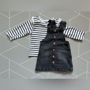 H&M|Baby girl/toddler gray Black Denim Pinafore Dress w Black/White Striped Top•